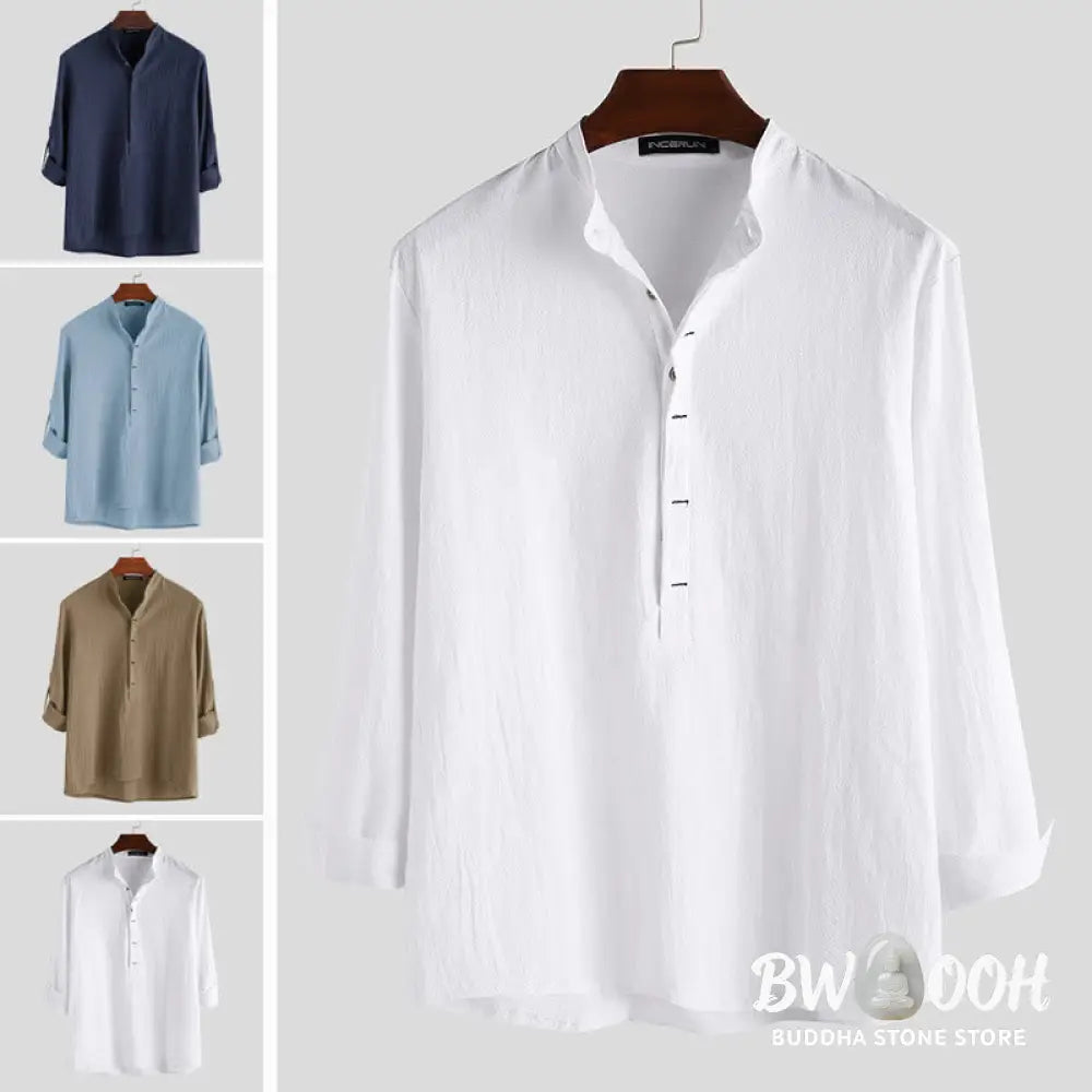 Buddha Stones Solid Color Half Buttons Long Sleeve Cotton Linen Men’s Shirts - Men’s Shirts