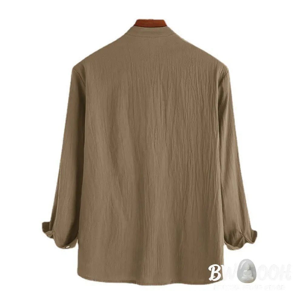 Buddha Stones Solid Color Half Buttons Long Sleeve Cotton Linen Men’s Shirts - Men’s Shirts