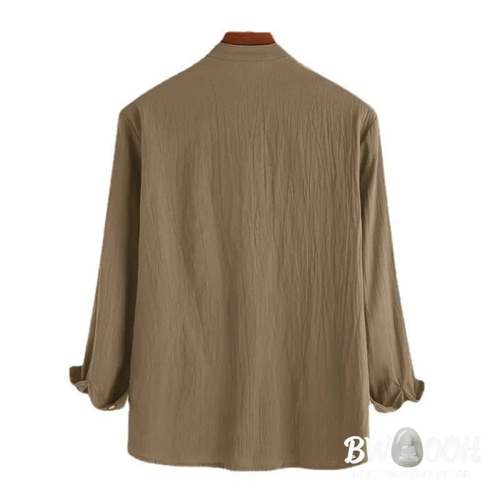 Buddha Stones Solid Color Half Buttons Long Sleeve Cotton Linen Men’s Shirts - Men’s Shirts