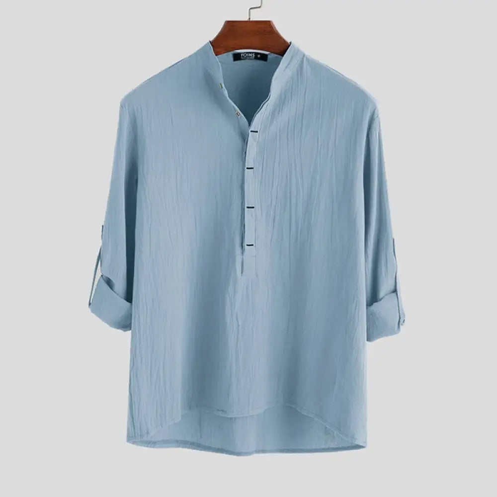 Buddha Stones Solid Color Half Buttons Long Sleeve Cotton Linen Men’s Shirts - LightSkyBlue / US/UK/AU36，EU46 (L)