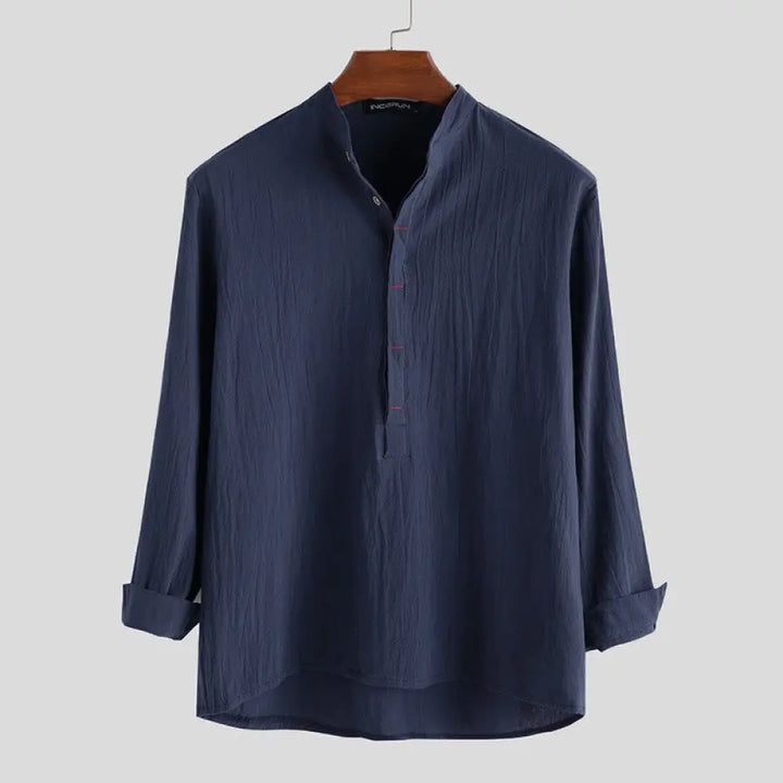 Buddha Stones Solid Color Half Buttons Long Sleeve Cotton Linen Men’s Shirts - SteelBlue / US/UK/AU36，EU46 (L) - Men’s