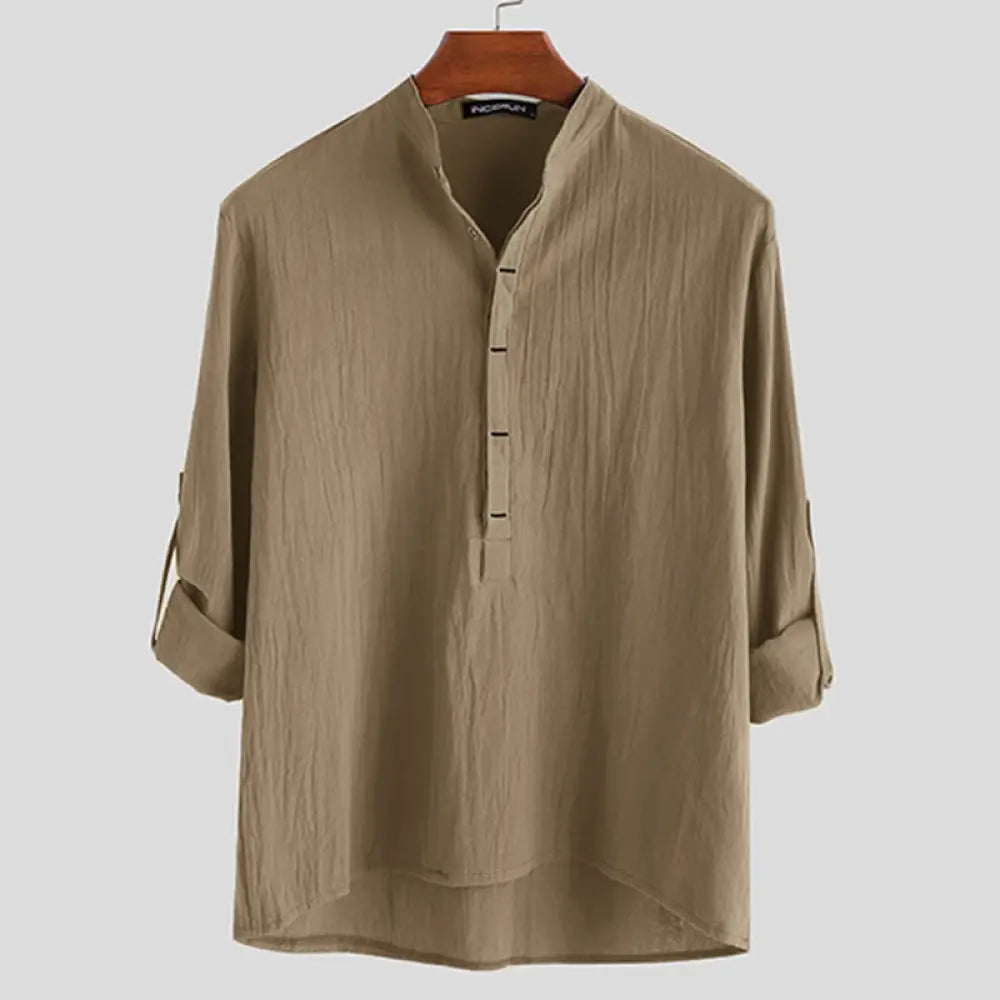 Buddha Stones Solid Color Half Buttons Long Sleeve Cotton Linen Men’s Shirts - Tan / US/UK/AU36，EU46 (L) - Men’s Shirts