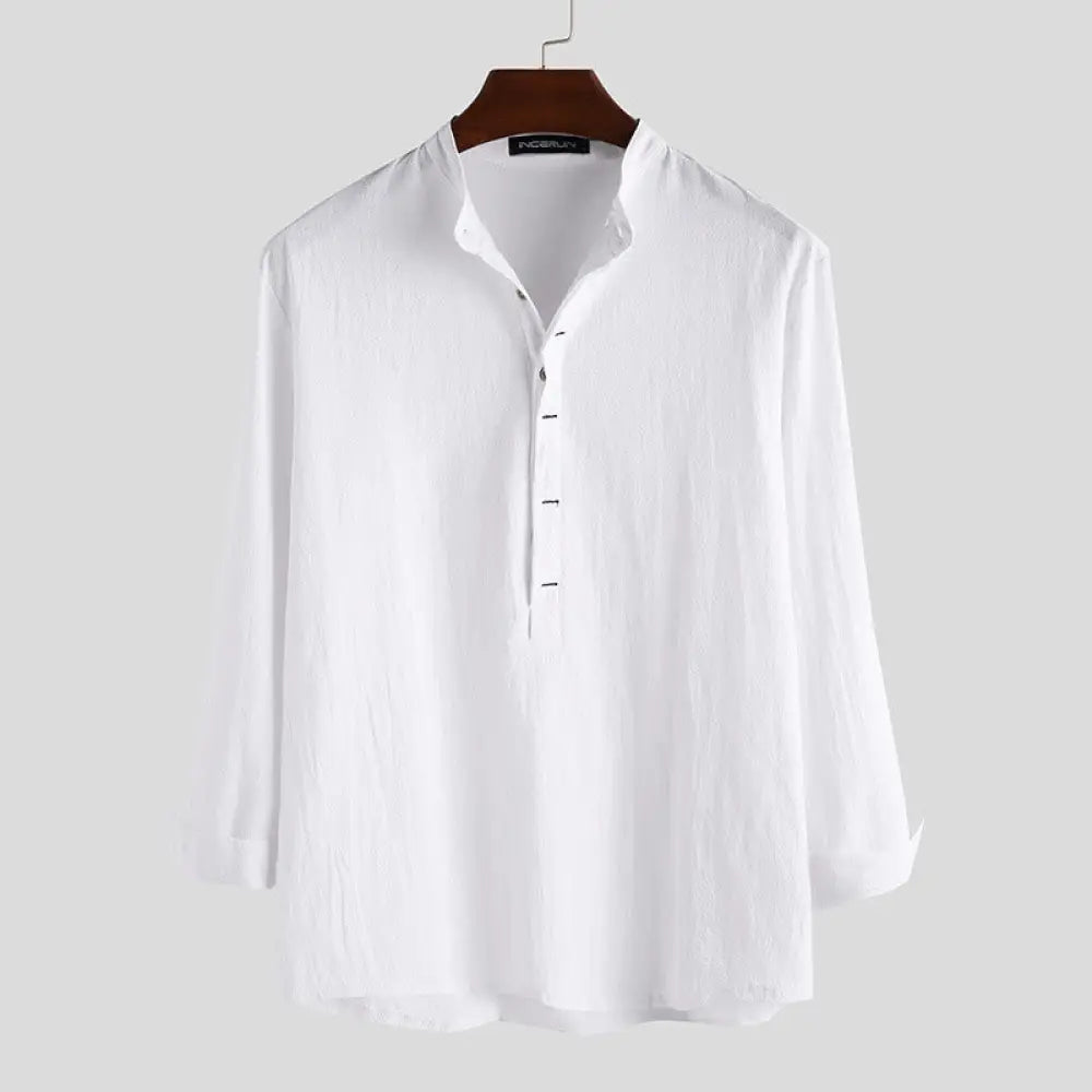 BWOOOH Solid Color Half Buttons Long Sleeve Cotton Linen 