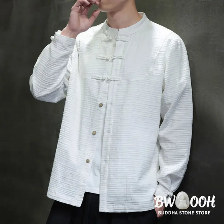 Buddha Stones Solid Color Half Frog-button Tang Suit Cotton Linen Men’s Jacket Shirt - Men’s Jacket Shirt
