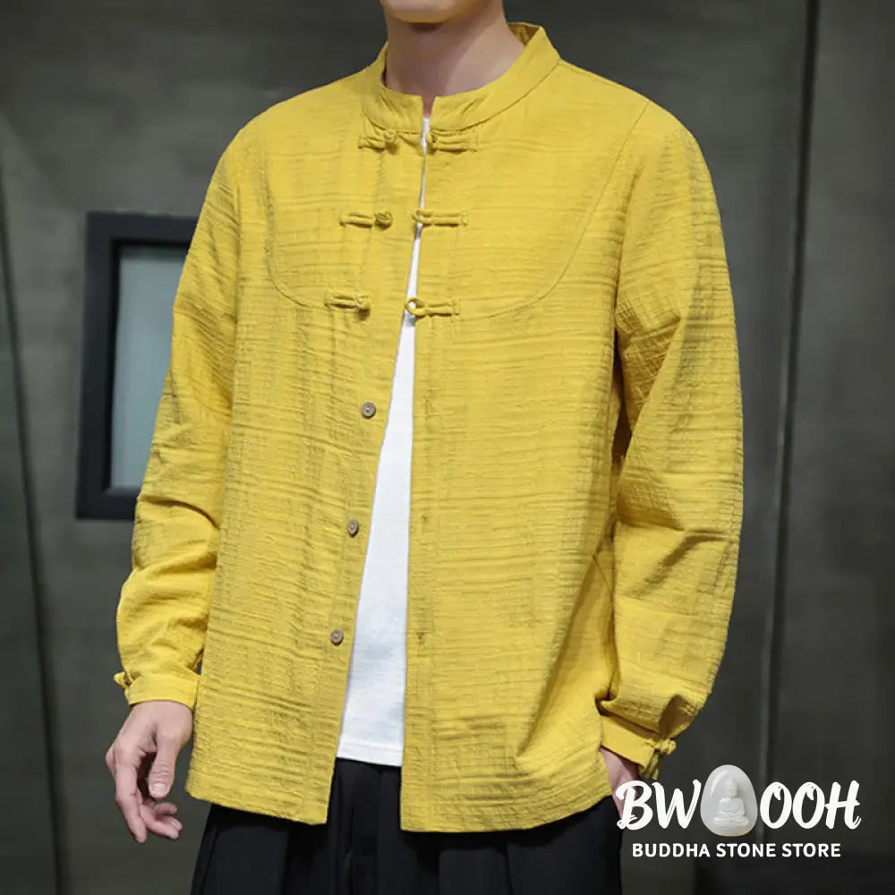 Buddha Stones Solid Color Half Frog-button Tang Suit Cotton Linen Men’s Jacket Shirt - Men’s Jacket Shirt