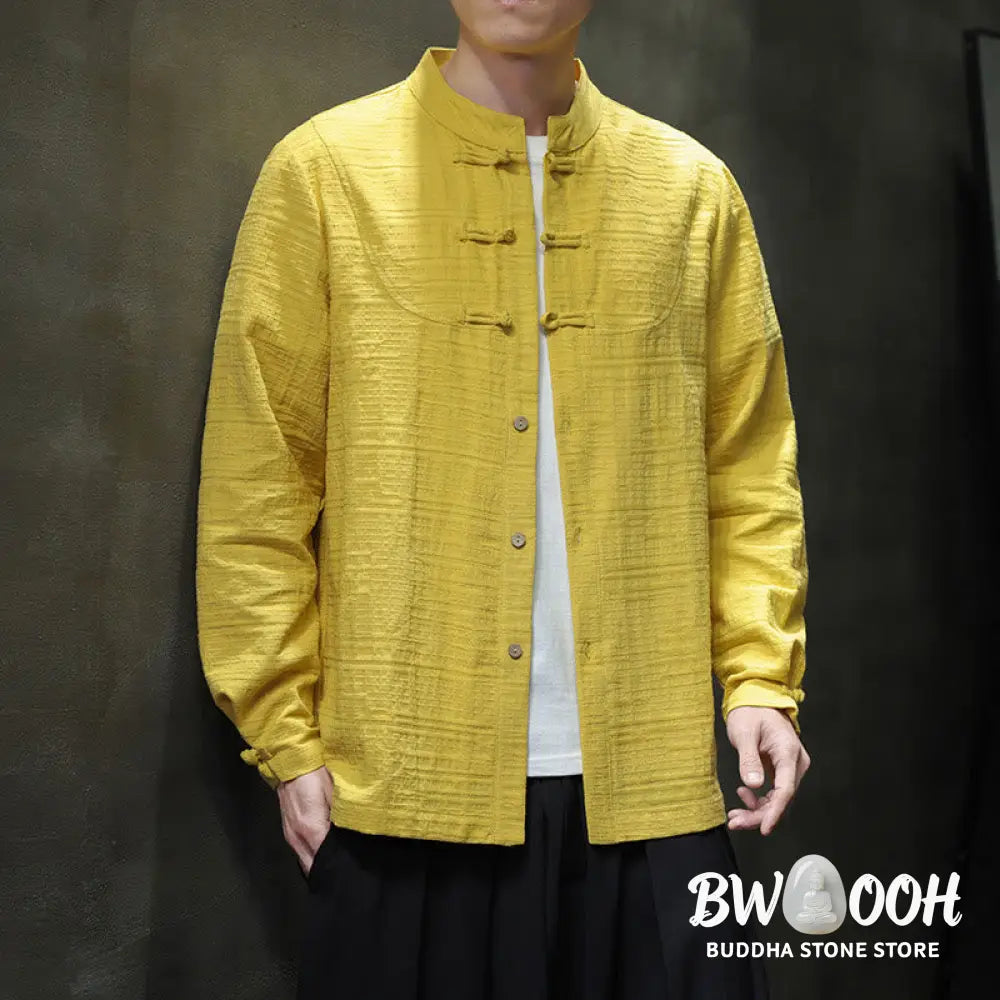 Buddha Stones Solid Color Half Frog-button Tang Suit Cotton Linen Men’s Jacket Shirt - Men’s Jacket Shirt