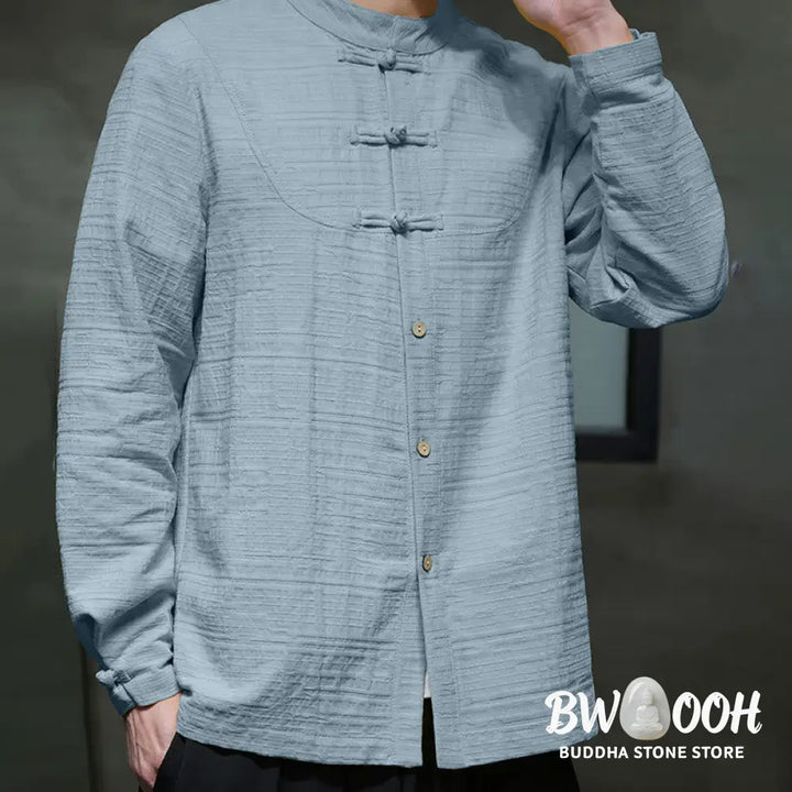Buddha Stones Solid Color Half Frog-button Tang Suit Cotton Linen Men’s Jacket Shirt - Men’s Jacket Shirt
