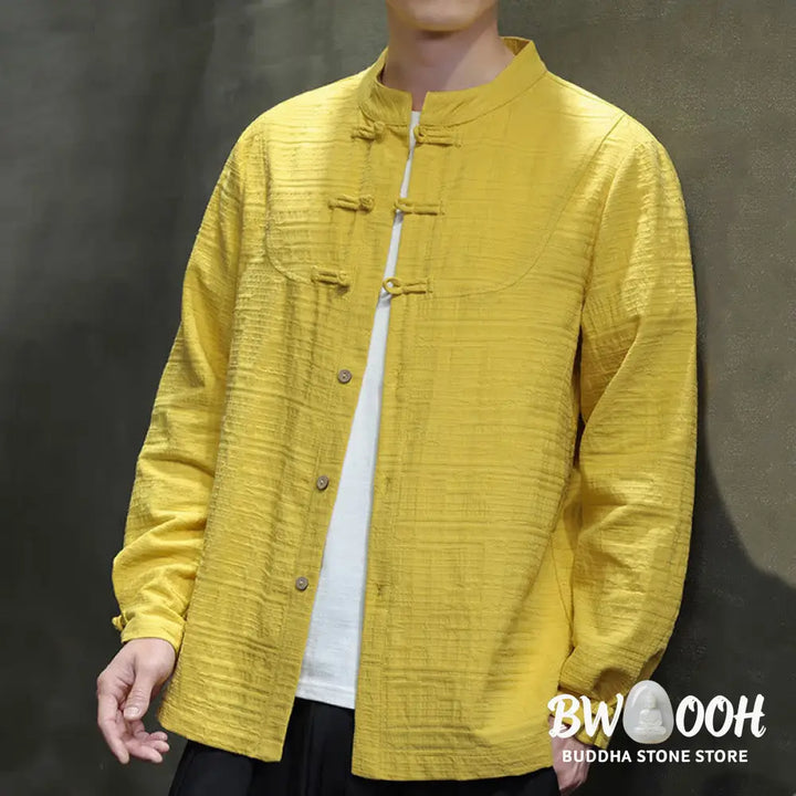 Buddha Stones Solid Color Half Frog-button Tang Suit Cotton Linen Men’s Jacket Shirt - Men’s Jacket Shirt