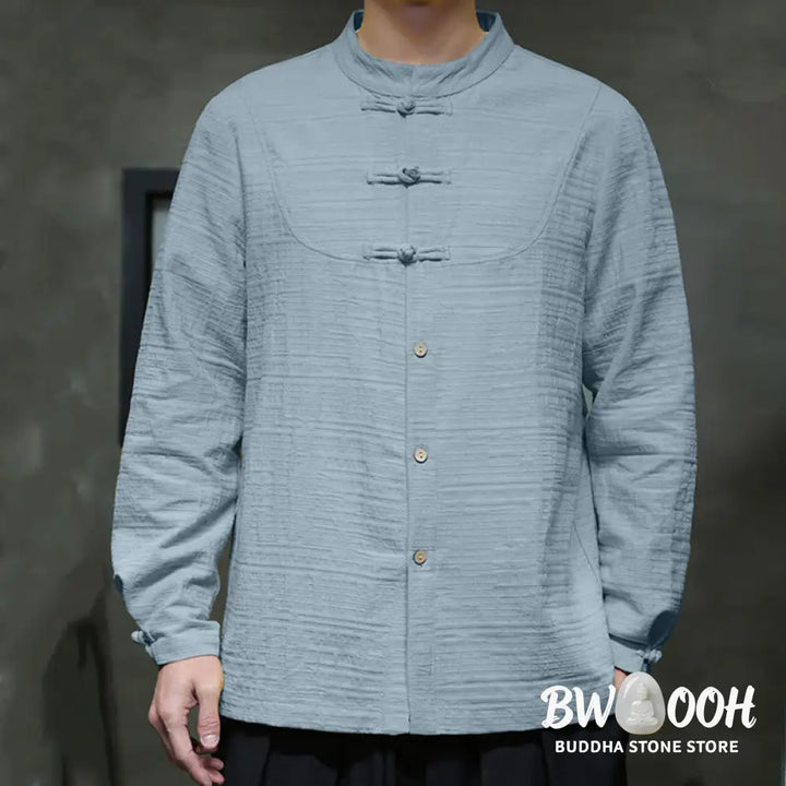 Buddha Stones Solid Color Half Frog-button Tang Suit Cotton Linen Men’s Jacket Shirt - Men’s Jacket Shirt