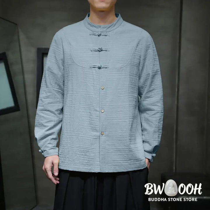Buddha Stones Solid Color Half Frog-button Tang Suit Cotton Linen Men’s Jacket Shirt - Men’s Jacket Shirt