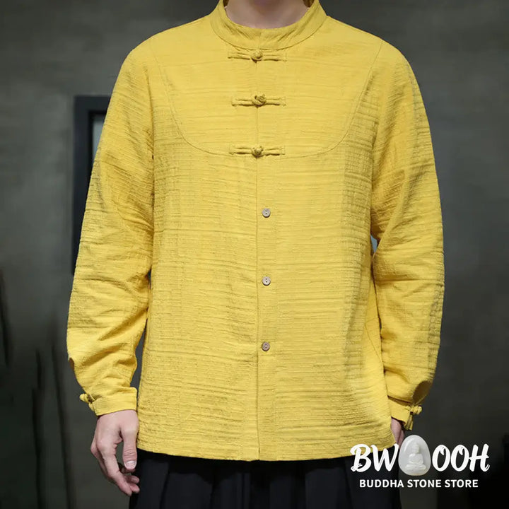 Buddha Stones Solid Color Half Frog-button Tang Suit Cotton Linen Men’s Jacket Shirt - Men’s Jacket Shirt