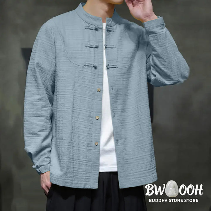 Buddha Stones Solid Color Half Frog-button Tang Suit Cotton Linen Men’s Jacket Shirt - Men’s Jacket Shirt