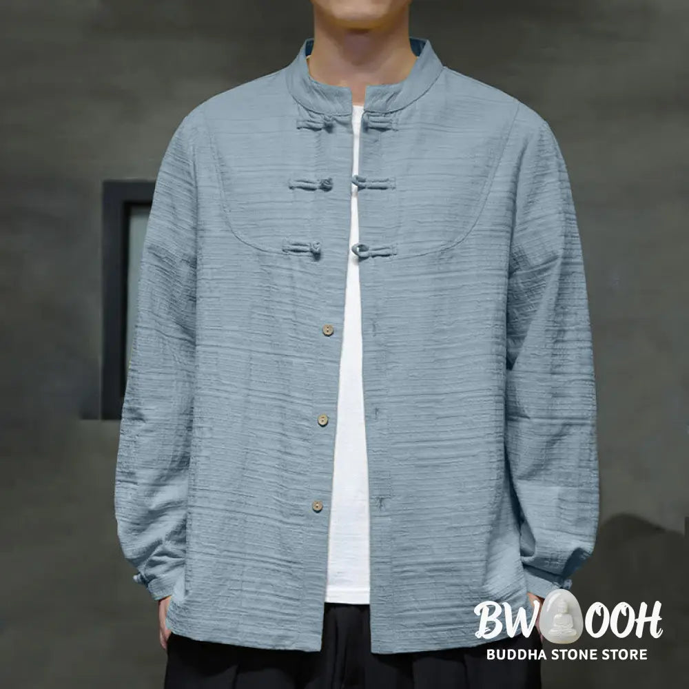 Buddha Stones Solid Color Half Frog-button Tang Suit Cotton Linen Men’s Jacket Shirt - Men’s Jacket Shirt