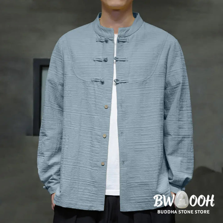 Buddha Stones Solid Color Half Frog-button Tang Suit Cotton Linen Men’s Jacket Shirt - Men’s Jacket Shirt