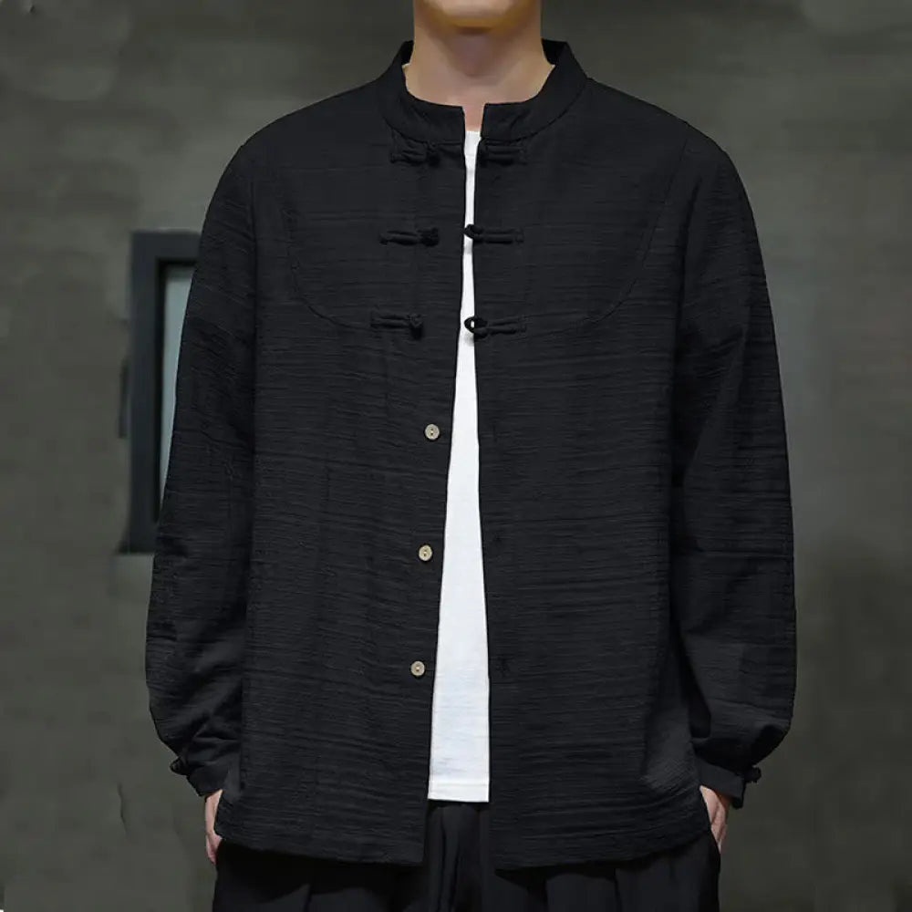Buddha Stones Solid Color Half Frog-button Tang Suit Cotton Linen Men’s Jacket Shirt - Black / US/UK/AU36，EU46 (L)