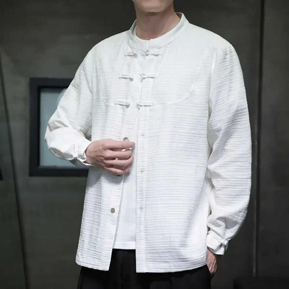 Buddha Stones Solid Color Half Frog-button Tang Suit Cotton Linen Men’s Jacket Shirt - White / US/UK/AU36，EU46 (L)