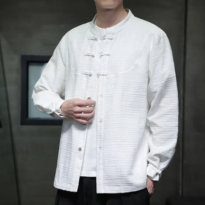 Buddha Stones Solid Color Half Frog-button Tang Suit Cotton Linen Men’s Jacket Shirt - White / US/UK/AU36，EU46 (L)