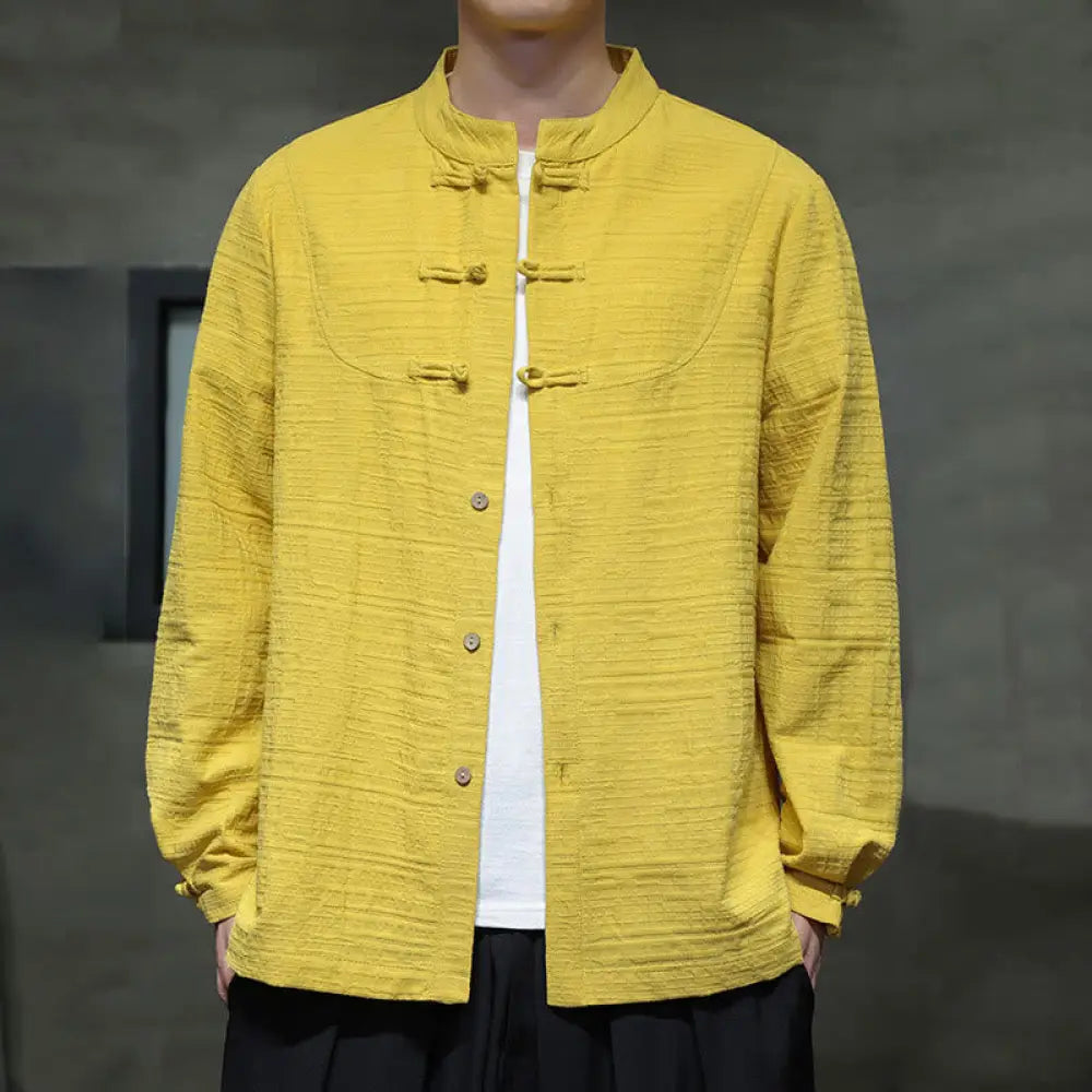 Buddha Stones Solid Color Half Frog-button Tang Suit Cotton Linen Men’s Jacket Shirt - Yellow / US/UK/AU36，EU46 (L)