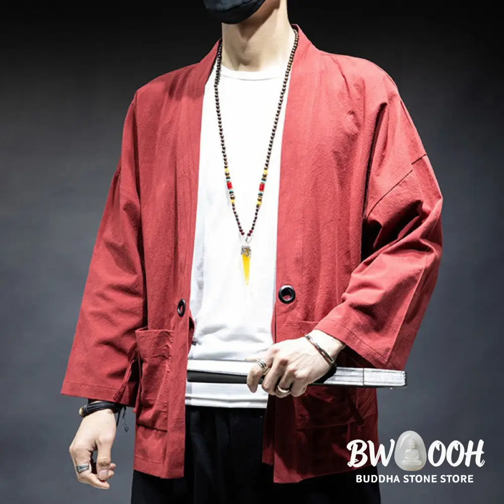 Buddha Stones Solid Color Lace-up Open Front Jacket Cotton Men’s Kimono - Men’s Kimono
