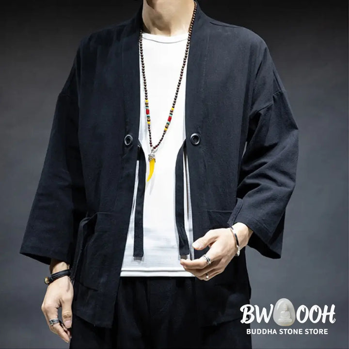Buddha Stones Solid Color Lace-up Open Front Jacket Cotton Men’s Kimono - Men’s Kimono