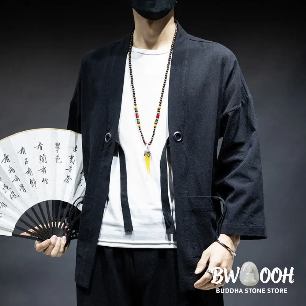 Buddha Stones Solid Color Lace-up Open Front Jacket Cotton Men’s Kimono - Men’s Kimono