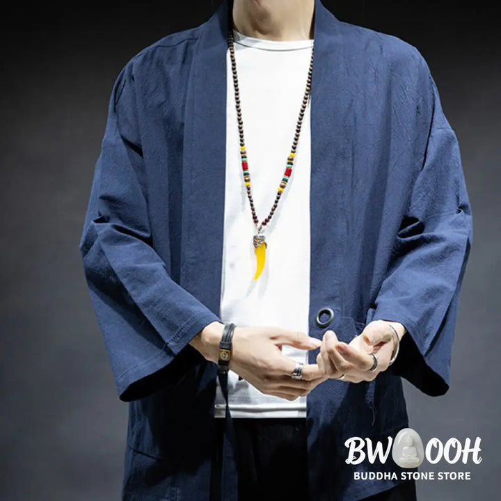 Buddha Stones Solid Color Lace-up Open Front Jacket Cotton Men’s Kimono - Men’s Kimono