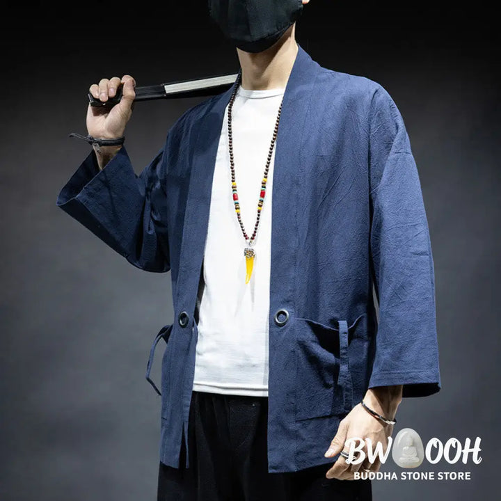 Buddha Stones Solid Color Lace-up Open Front Jacket Cotton Men’s Kimono - Men’s Kimono