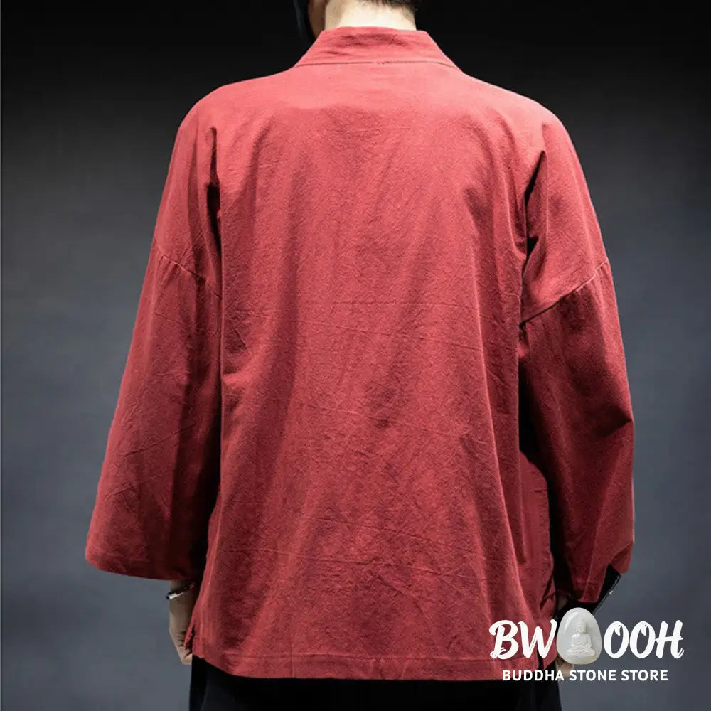 Buddha Stones Solid Color Lace-up Open Front Jacket Cotton Men’s Kimono - Men’s Kimono