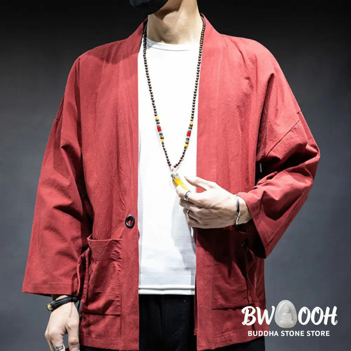 Buddha Stones Solid Color Lace-up Open Front Jacket Cotton Men’s Kimono - Men’s Kimono