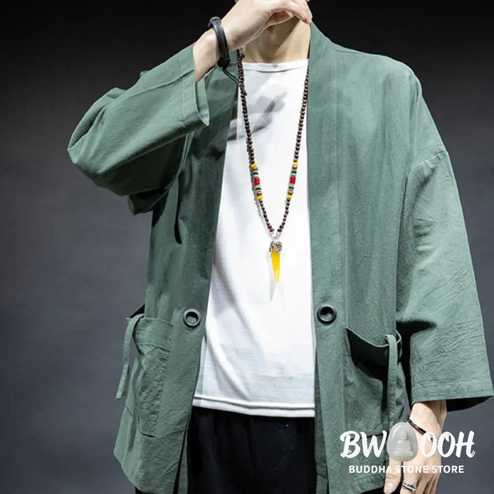 Buddha Stones Solid Color Lace-up Open Front Jacket Cotton Men’s Kimono - Men’s Kimono