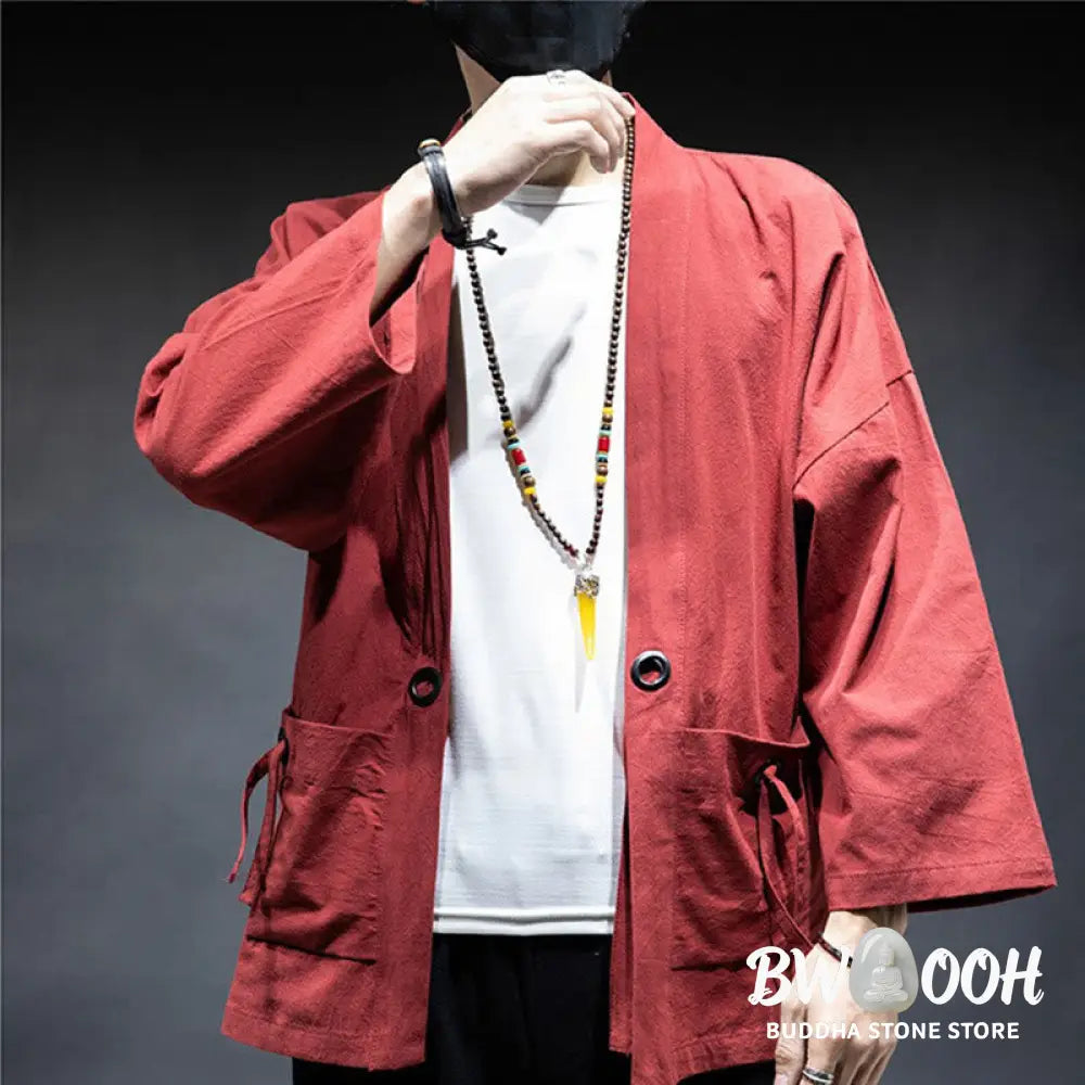 Buddha Stones Solid Color Lace-up Open Front Jacket Cotton Men’s Kimono - Men’s Kimono
