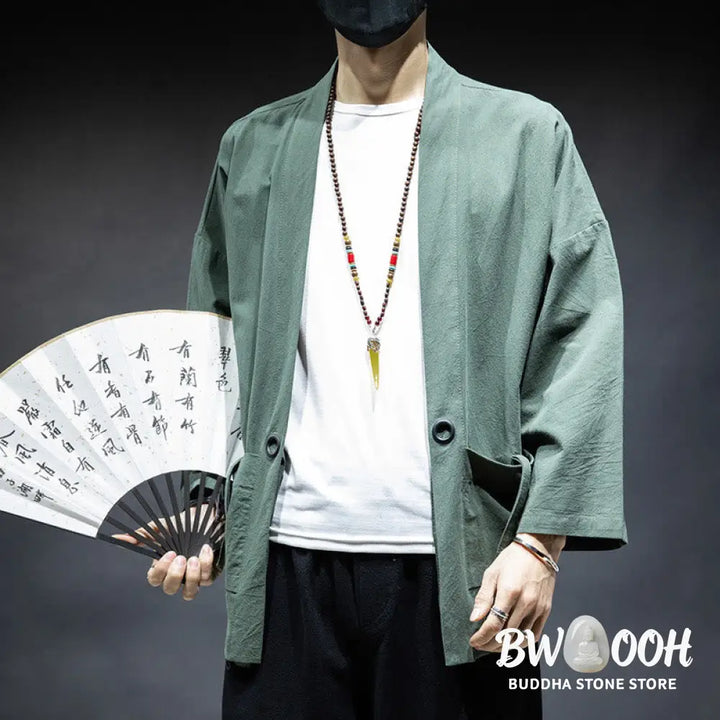 Buddha Stones Solid Color Lace-up Open Front Jacket Cotton Men’s Kimono - Men’s Kimono