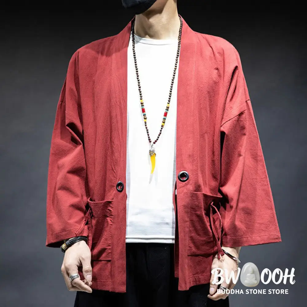 Buddha Stones Solid Color Lace-up Open Front Jacket Cotton Men’s Kimono - Men’s Kimono