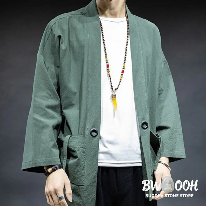 Buddha Stones Solid Color Lace-up Open Front Jacket Cotton Men’s Kimono - Men’s Kimono