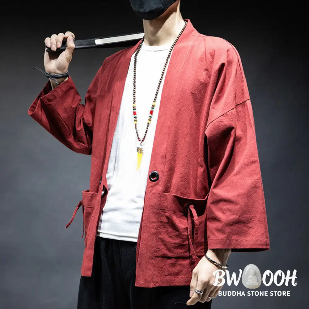 Buddha Stones Solid Color Lace-up Open Front Jacket Cotton Men’s Kimono - Men’s Kimono