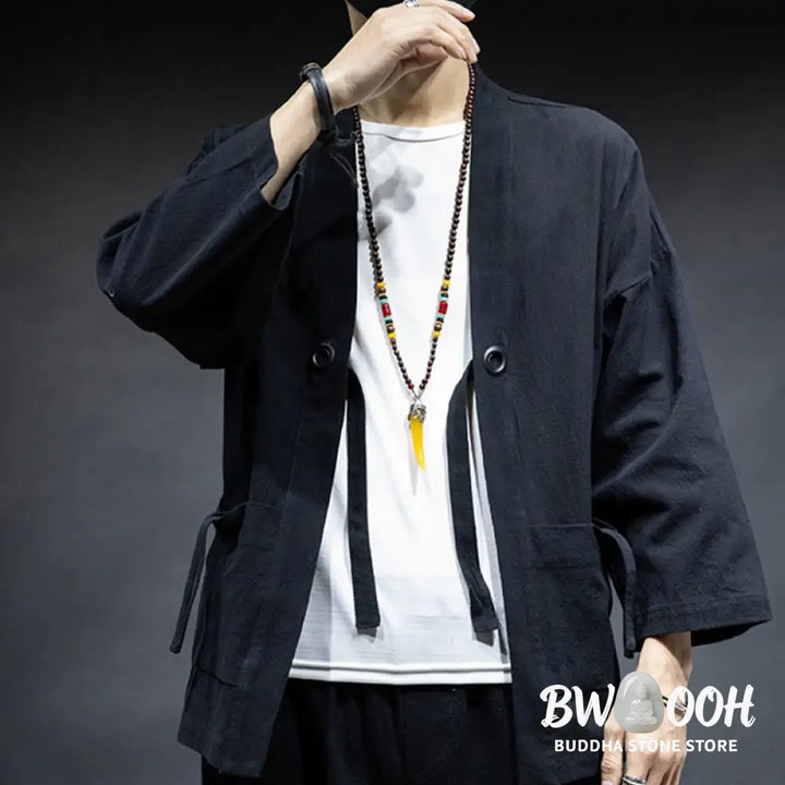Buddha Stones Solid Color Lace-up Open Front Jacket Cotton Men’s Kimono - Men’s Kimono