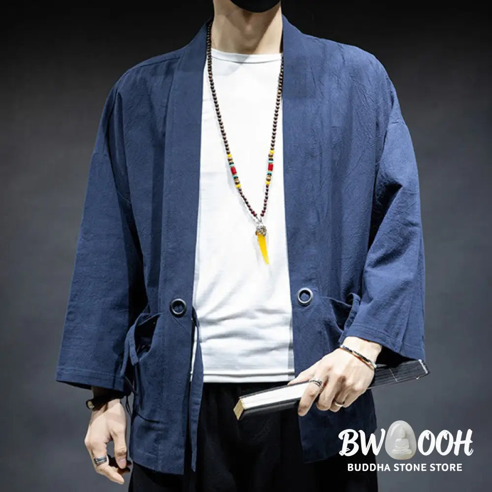 Buddha Stones Solid Color Lace-up Open Front Jacket Cotton Men’s Kimono - Men’s Kimono