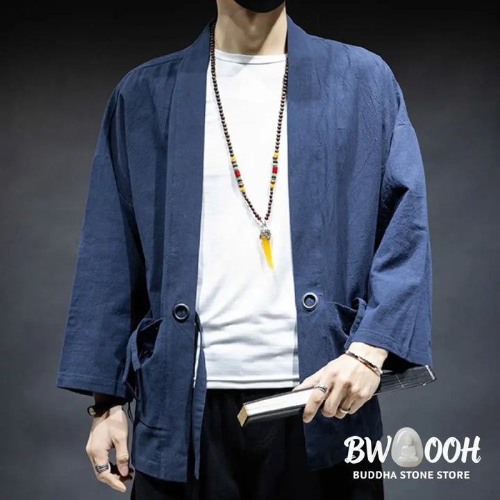 Buddha Stones Solid Color Lace-up Open Front Jacket Cotton Men’s Kimono - Men’s Kimono