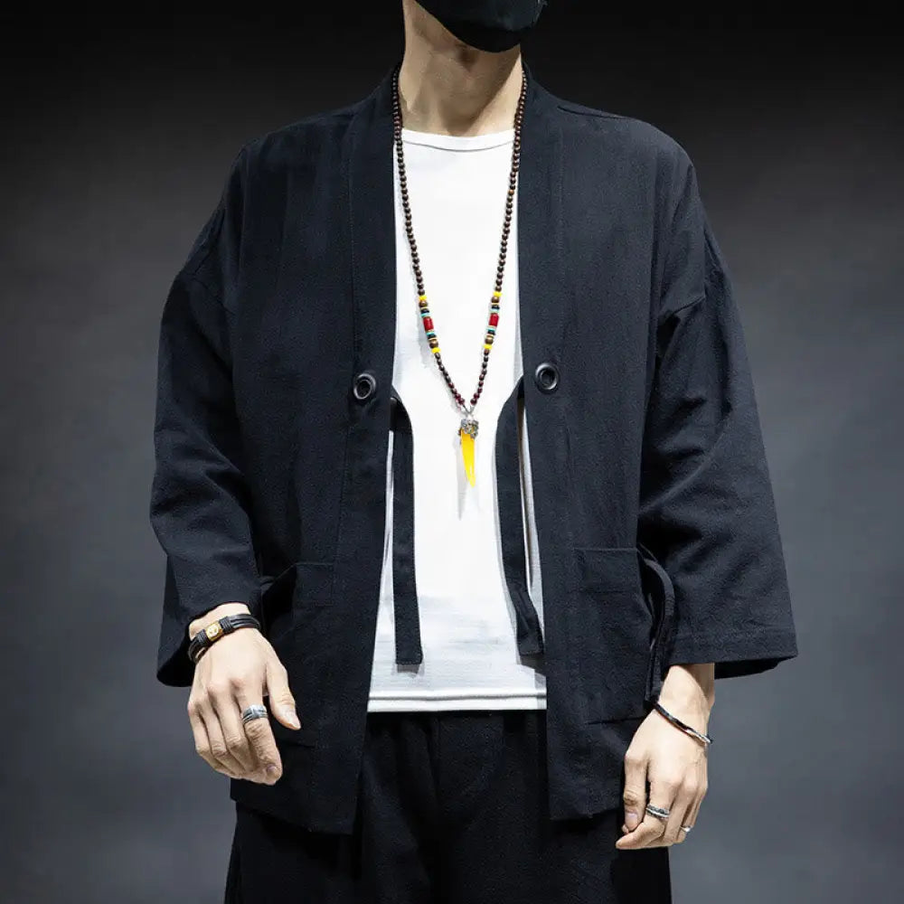 Buddha Stones Solid Color Lace-up Open Front Jacket Cotton Men’s Kimono - Black / US/UK/AU36，EU46 (L) - Men’s Kimono