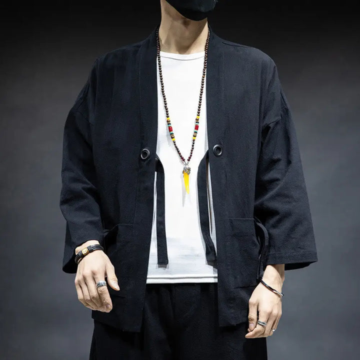 Buddha Stones Solid Color Lace-up Open Front Jacket Cotton Men’s Kimono - Black / US/UK/AU36，EU46 (L) - Men’s Kimono