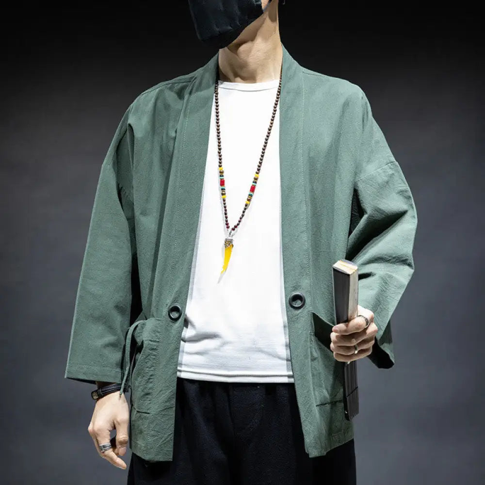 Buddha Stones Solid Color Lace-up Open Front Jacket Cotton Men’s Kimono - MediumAquamarine / US/UK/AU36，EU46 (L)