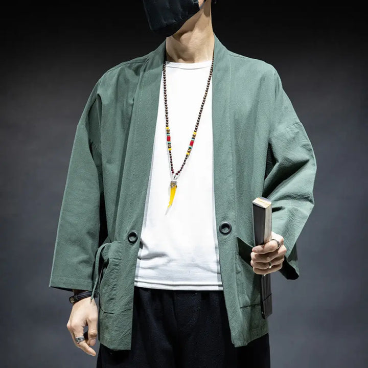 Buddha Stones Solid Color Lace-up Open Front Jacket Cotton Men’s Kimono - MediumAquamarine / US/UK/AU36，EU46 (L)