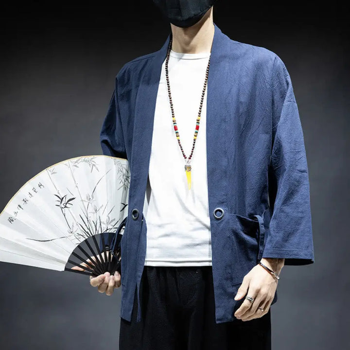 BWOOOH Solid Color Lace-up Open Front Jacket Cotton Men&