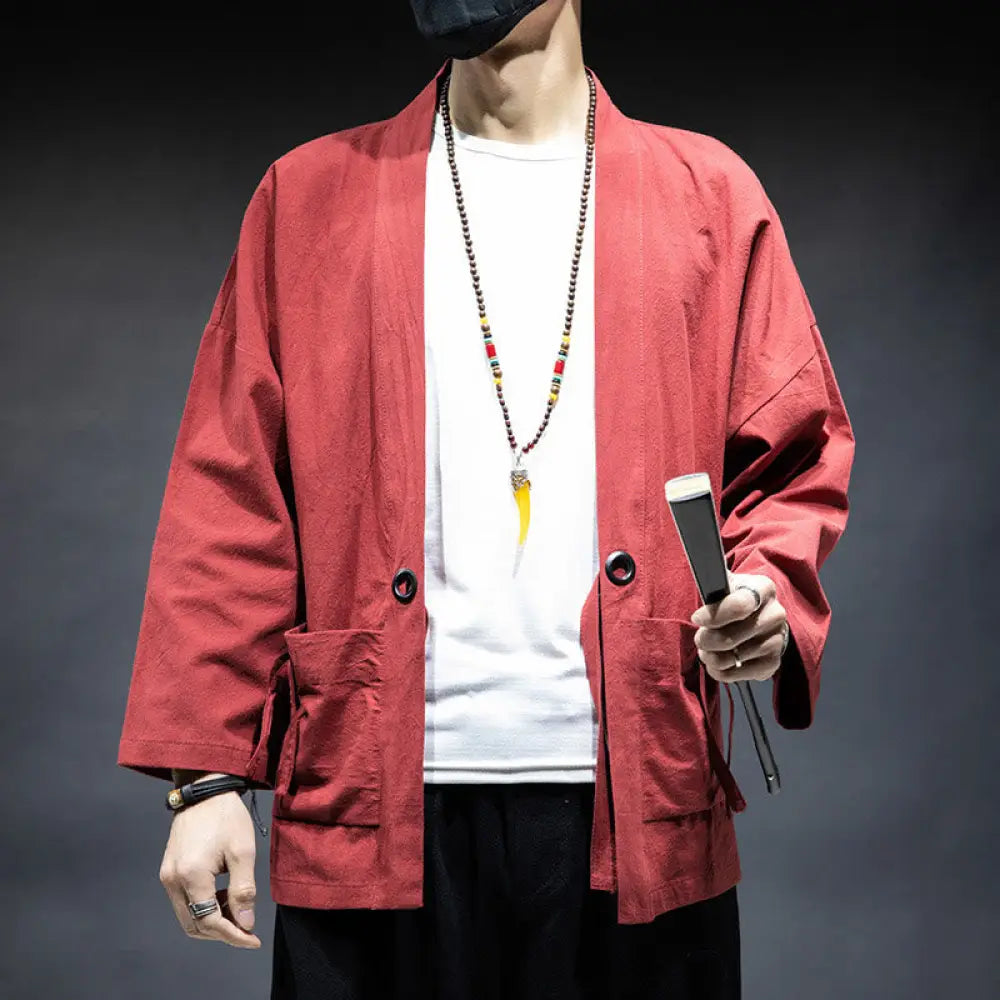 Buddha Stones Solid Color Lace-up Open Front Jacket Cotton Men’s Kimono - Tomato / US/UK/AU36，EU46 (L) - Men’s Kimono