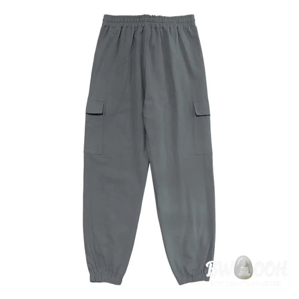 Buddha Stones Solid Color Linen Drawstring Men’s Cargo Pants With Pockets - Men’s Pants