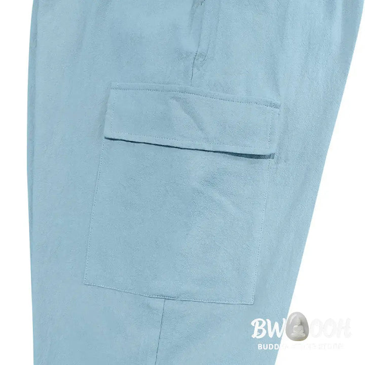 Buddha Stones Solid Color Linen Drawstring Men’s Cargo Pants With Pockets - Men’s Pants