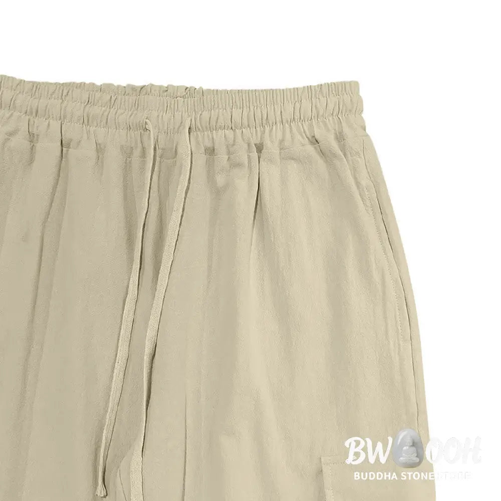 Buddha Stones Solid Color Linen Drawstring Men’s Cargo Pants With Pockets - Men’s Pants