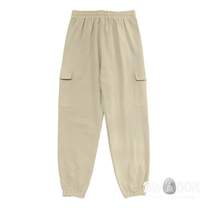 Buddha Stones Solid Color Linen Drawstring Men’s Cargo Pants With Pockets - Men’s Pants