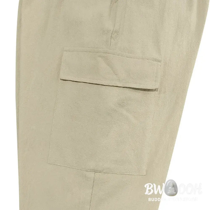 Buddha Stones Solid Color Linen Drawstring Men’s Cargo Pants With Pockets - Men’s Pants