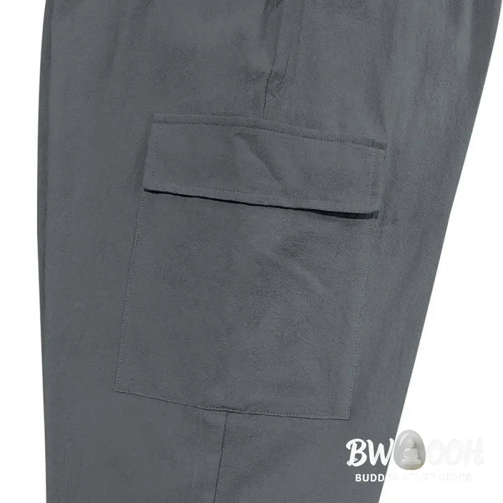 Buddha Stones Solid Color Linen Drawstring Men’s Cargo Pants With Pockets - Men’s Pants
